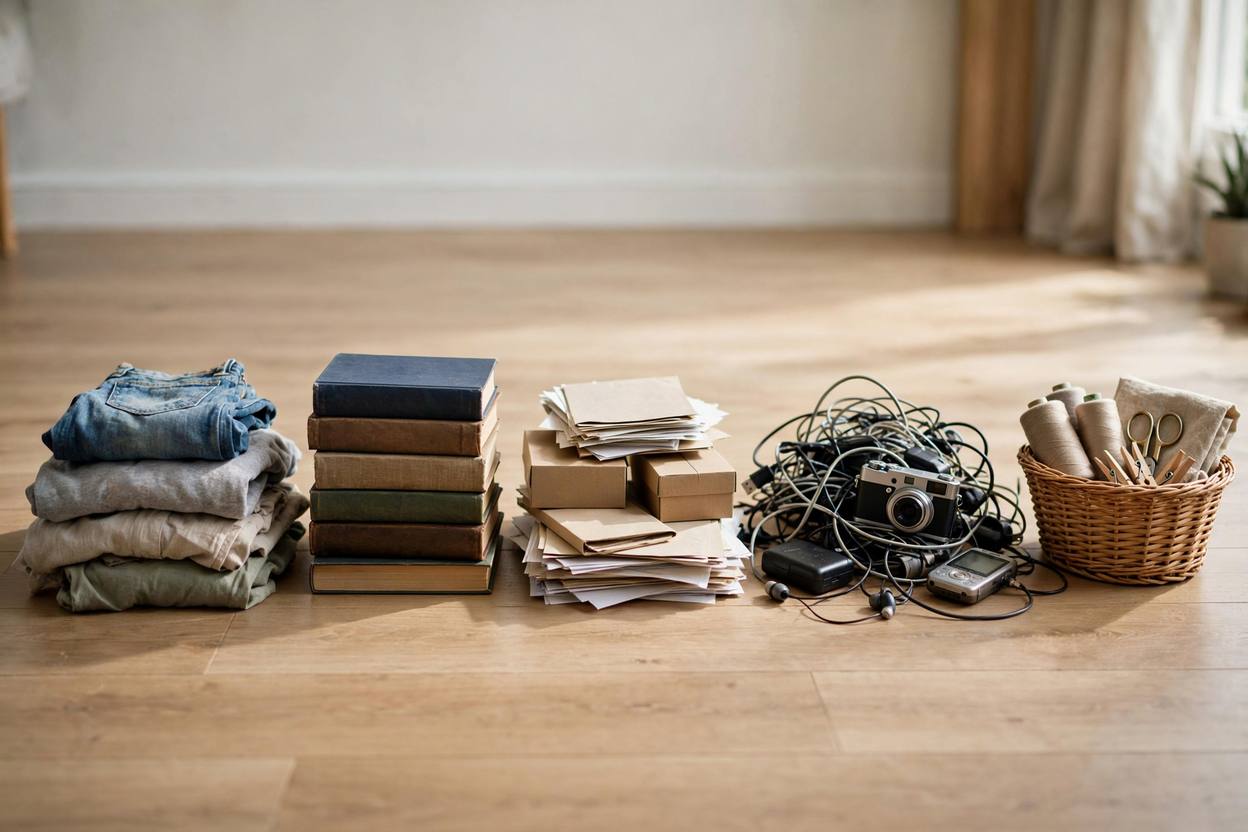 Items sorted into five piles on the floor: trash, donate, relocate, recycle, and keep. Sorting everything first, then acting, is what makes the 5-4-3-2-1 method fast.