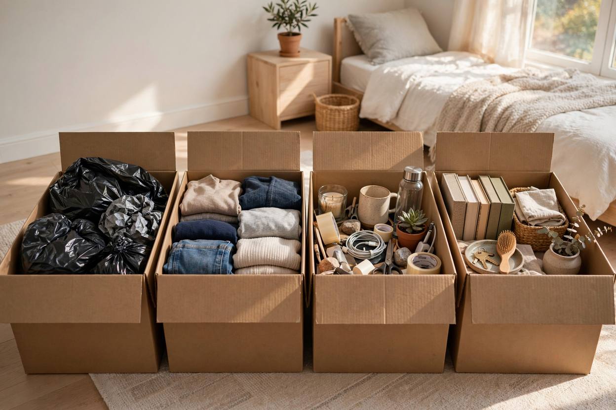 The Four-Box Method in action: one box each for trash, donations, relocate, and keep. Decide first, then handle each box in one batch.