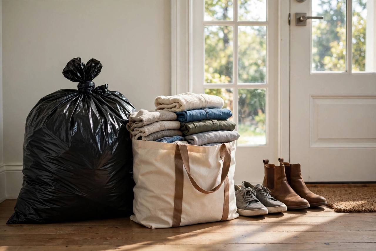 Trash bagged and donations packed by the front door, ready to leave the house the same day you sort them.