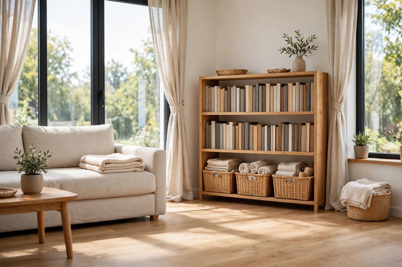 The finished result: a calm, tidy room where every item has a clear home in a labeled basket or shelf.