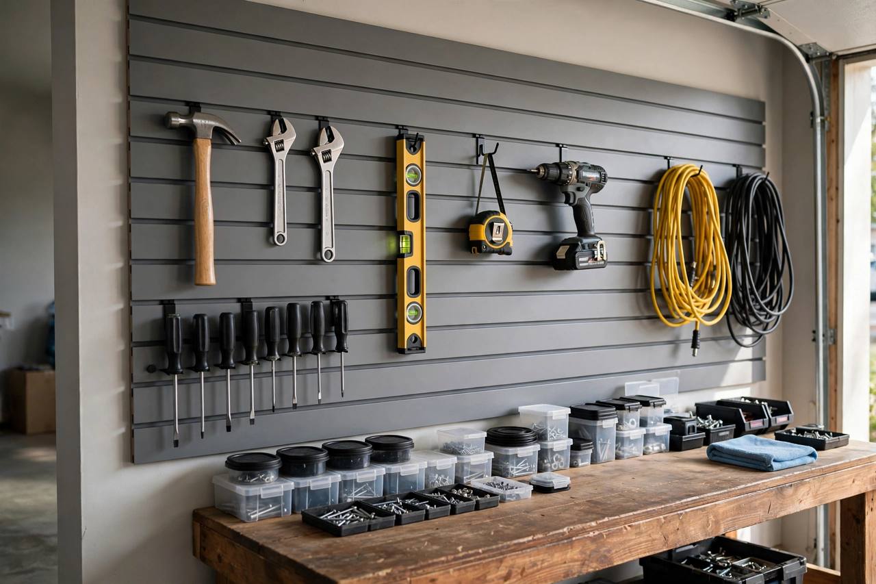 One slatwall panel holds a whole workshop's worth of tools where you can see and reach them