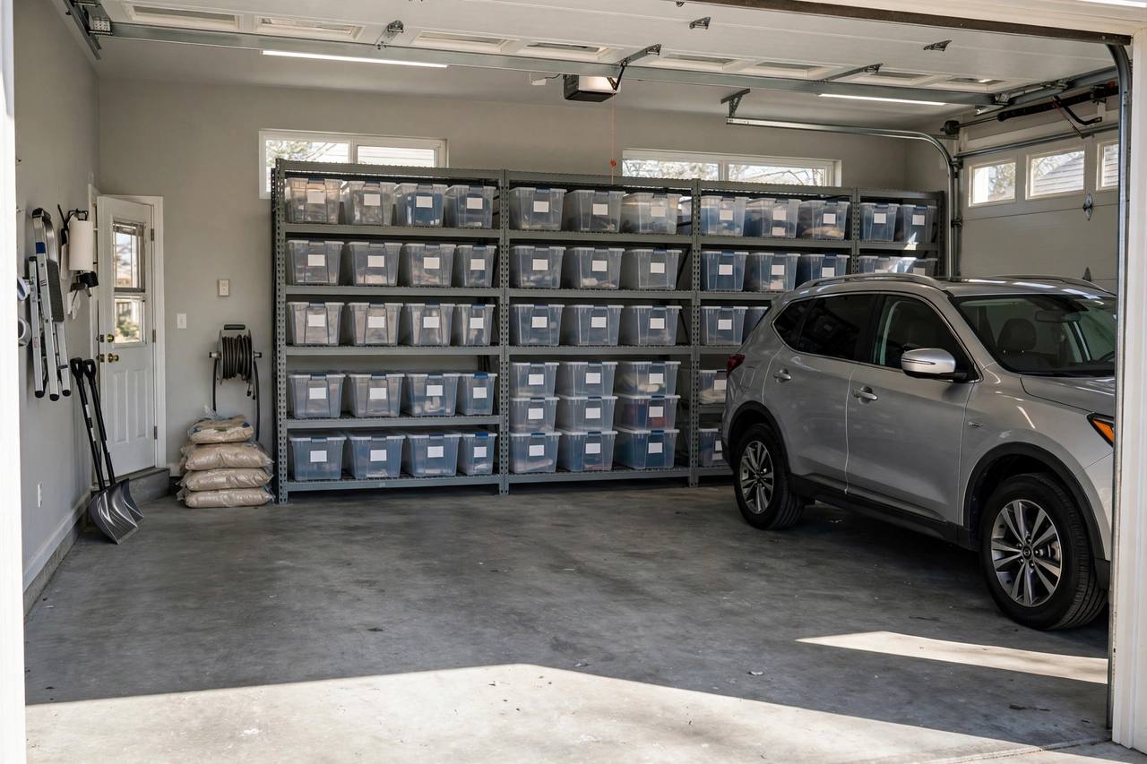 Bins go on the shelves, winter gear moves forward, and the car fits again. Sunday evening done