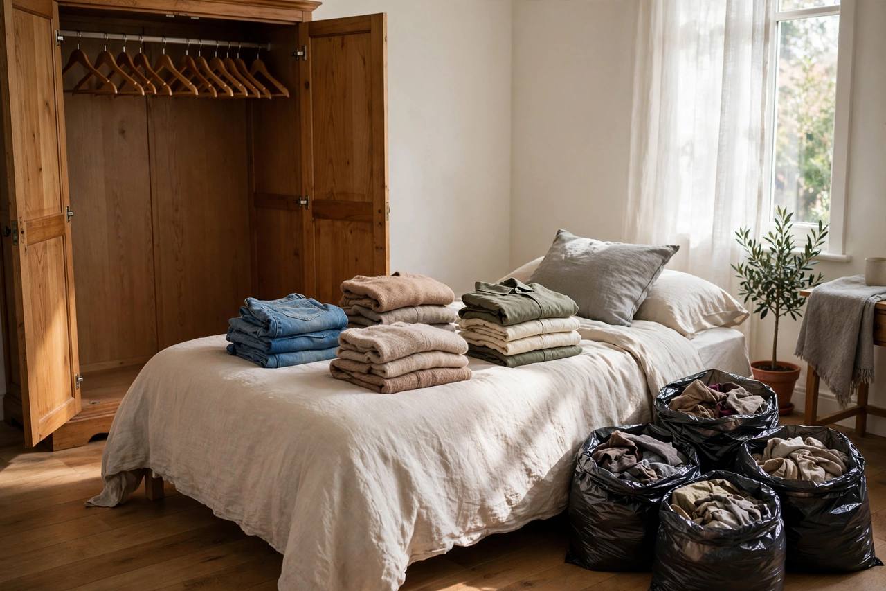 A mid-sweep closet: keep piles sorted on the bed and donation bags ready for drop-off