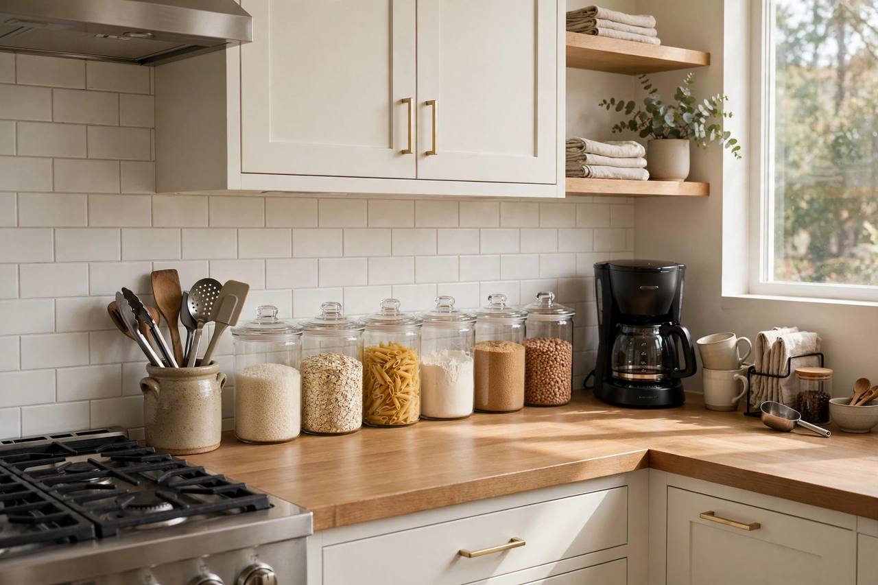 A zoned kitchen: cooking tools by the stove, dry goods decanted, and a coffee corner