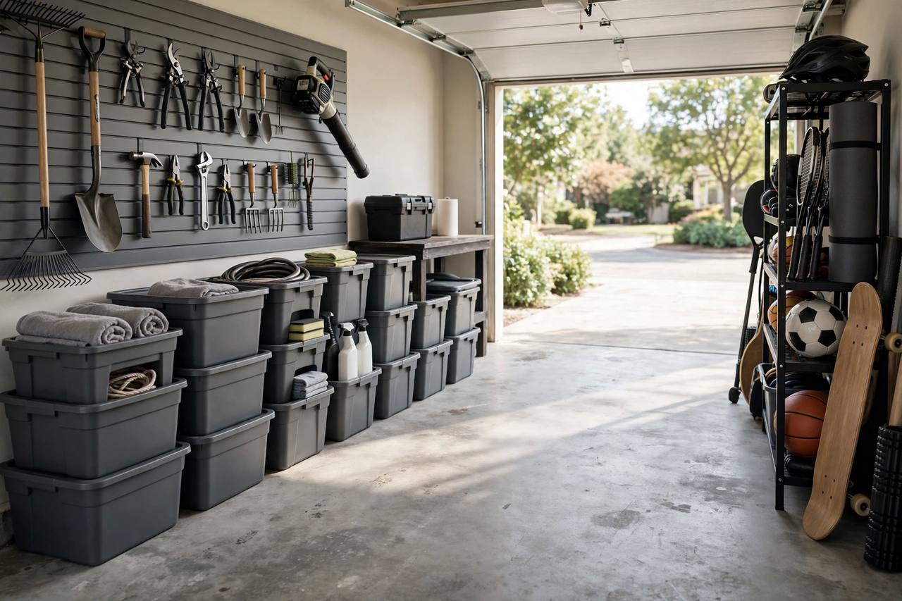 A zoned garage: tools on the slatwall, bins stacked by category, sports gear racked to the side