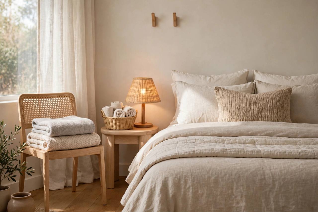 A holiday-ready guest room: made bed, folded extra blankets, and a towel basket by the lamp