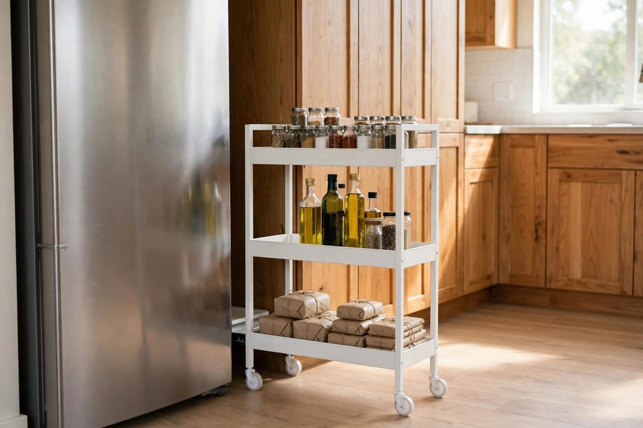 A slim rolling cart pulled out of the gap beside the fridge, stocked with spices and oils on tiered shelves