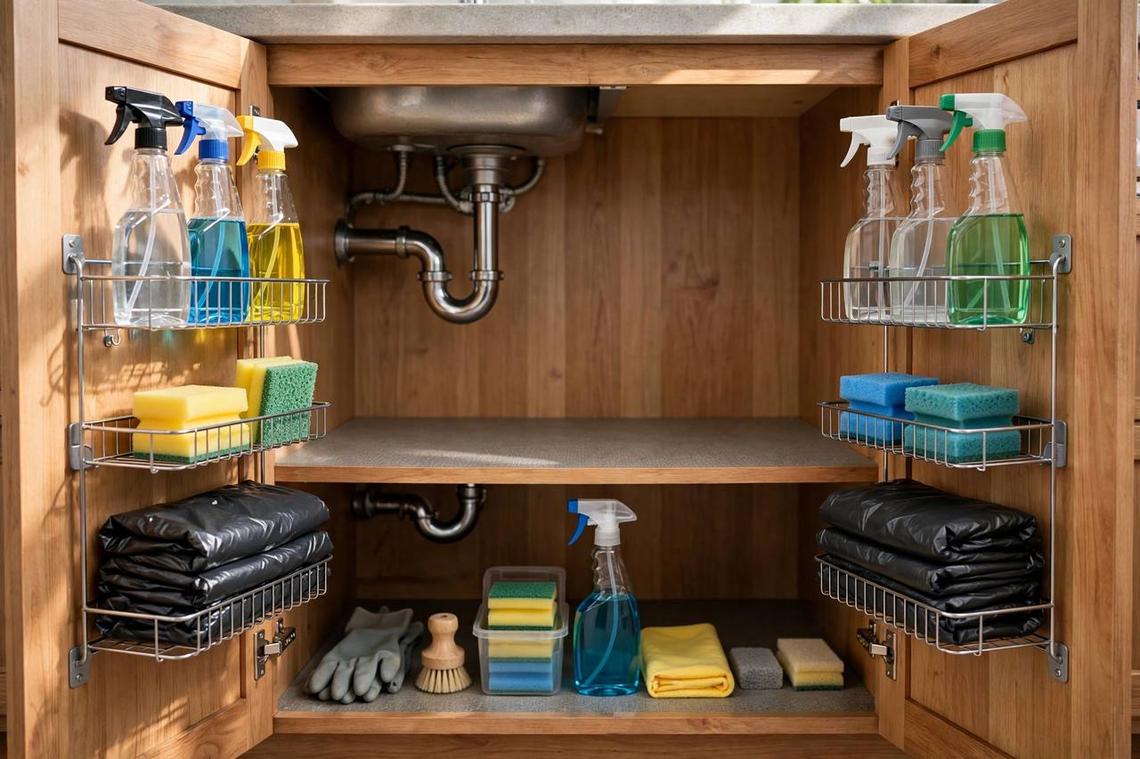 Adhesive wire racks on the inside of under-sink cabinet doors hold spray bottles, sponges, and trash bags