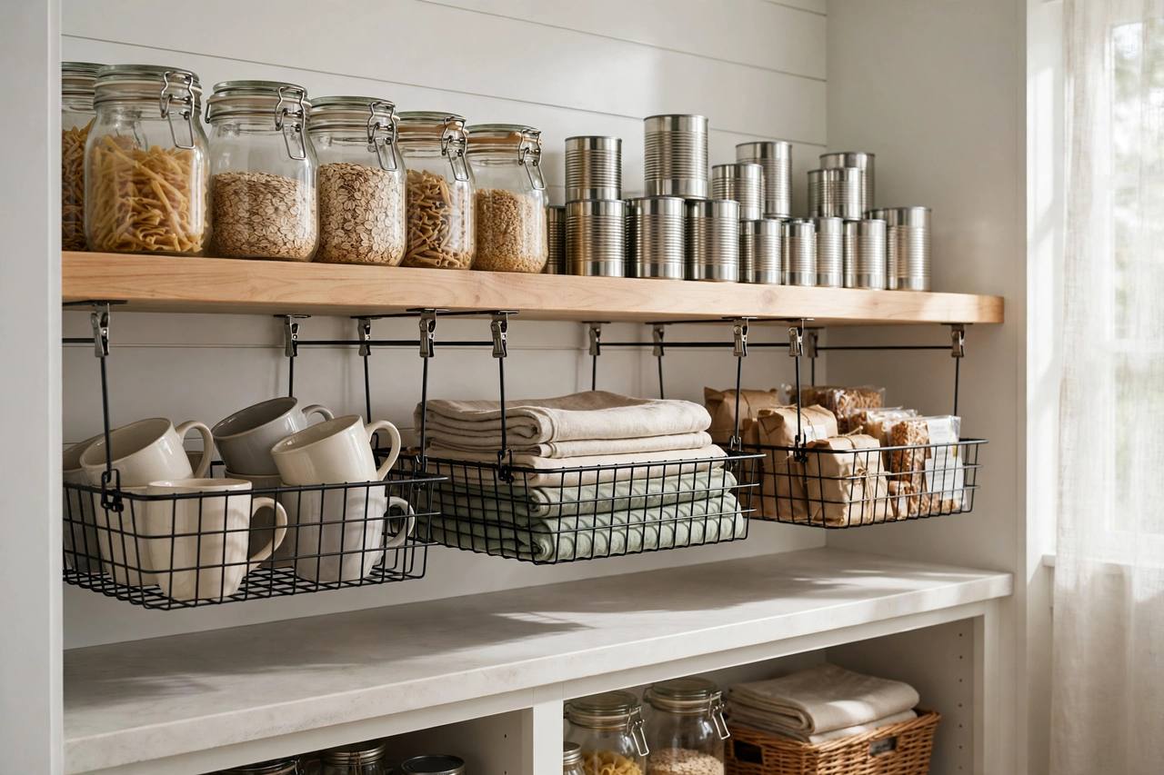 Clip-on wire baskets hanging under a pantry shelf create a second storage layer for mugs and folded linens
