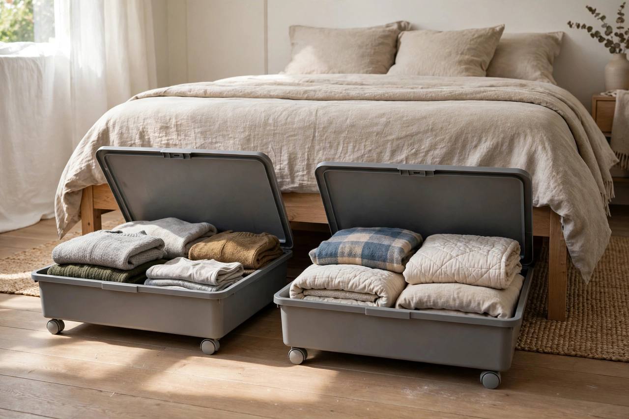 Wheeled bins with lids pulled out from under the bed, zoned for off-season clothes and extra bedding