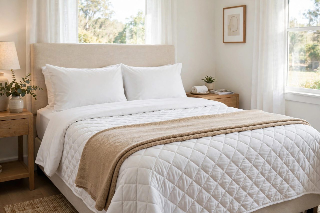 A guest bed with layered bedding: crisp sheets, a quilt, and a folded throw blanket at the foot