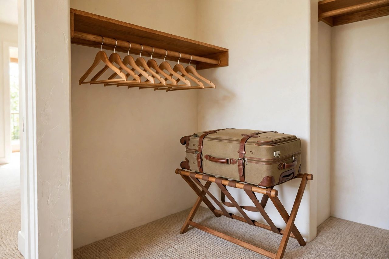A cleared closet corner with empty hangers and a luggage rack holding a suitcase