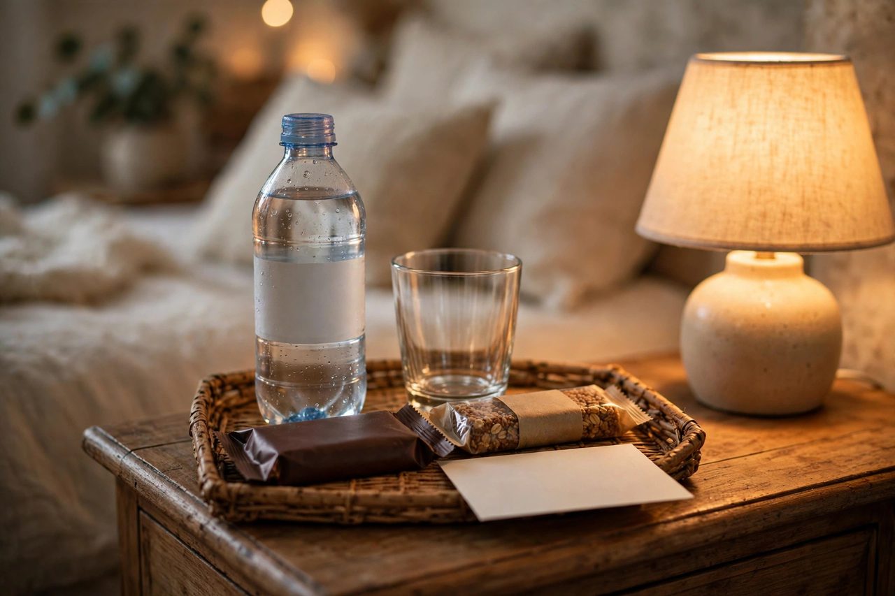 A welcome tray on the nightstand with water, a snack, and a handwritten note