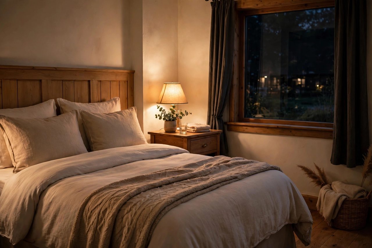 A warm bedside lamp glowing beside the guest bed in the evening