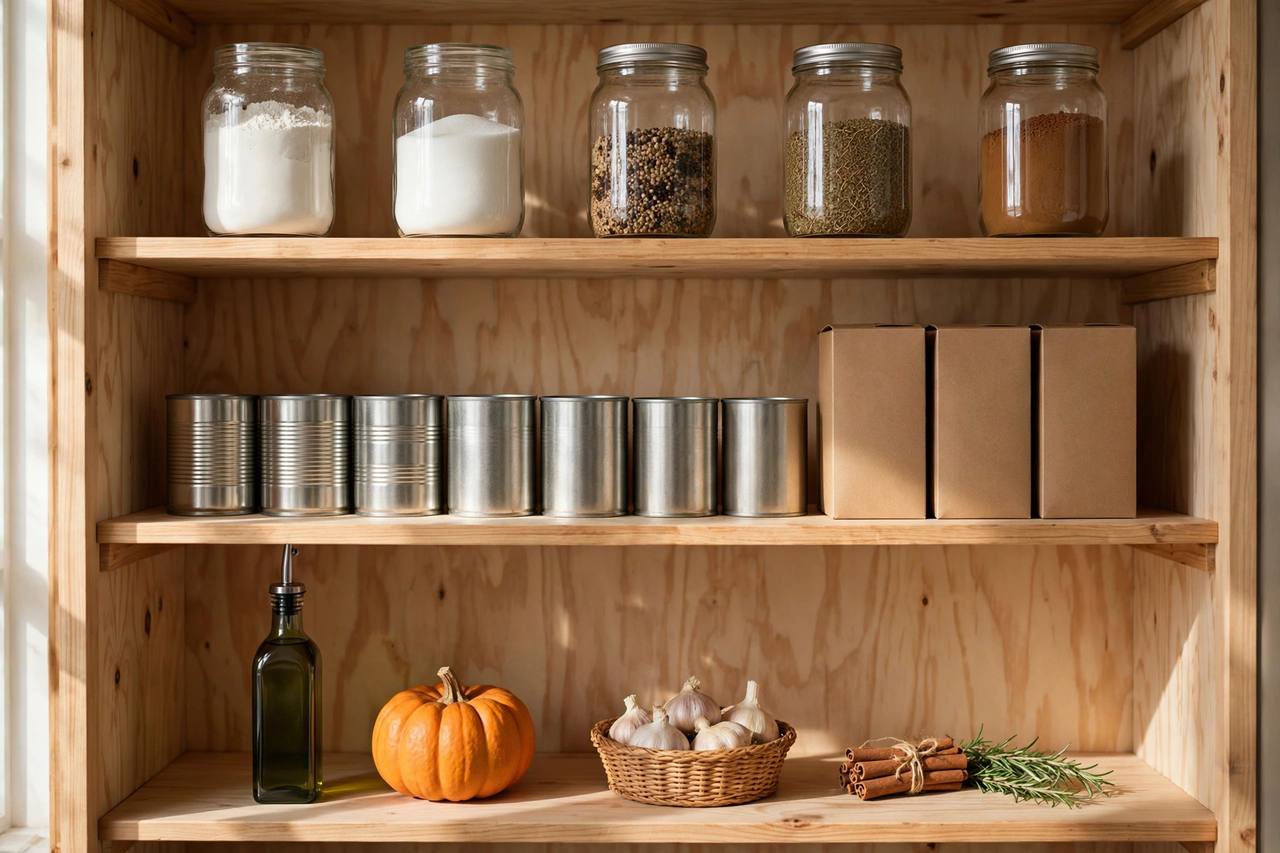 A tidy pantry restocked for Thanksgiving: jars of flour, sugar and spices in straight rows, cans lined up, and holiday extras ready