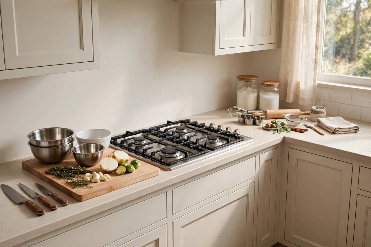 A cleared kitchen counter arranged into cooking zones: a prep area with cutting board, knives and bowls, a clear stovetop, and a baking corner with flour, sugar and tools
