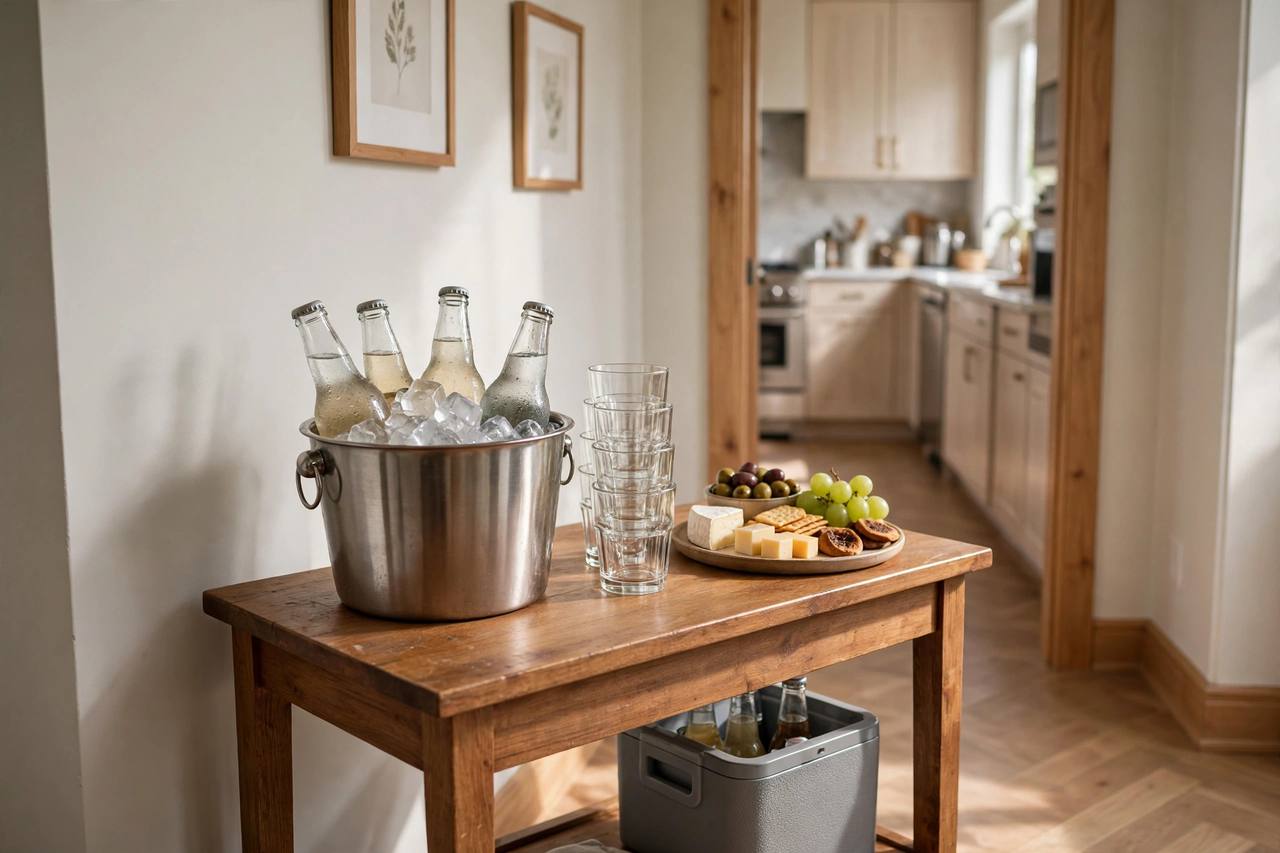 A drink station on a side table outside the kitchen: an ice bucket with chilled bottles, stacked glasses, a cooler underneath, and a tray of appetizers