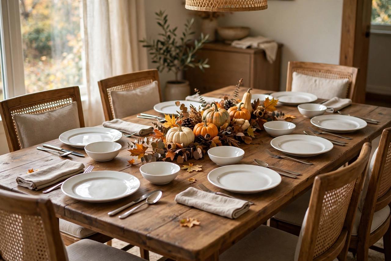 The dining table set the day before Thanksgiving: plates, silverware and cloth napkins at every seat, serving pieces ready, and a simple autumn centerpiece of pumpkins and leaves