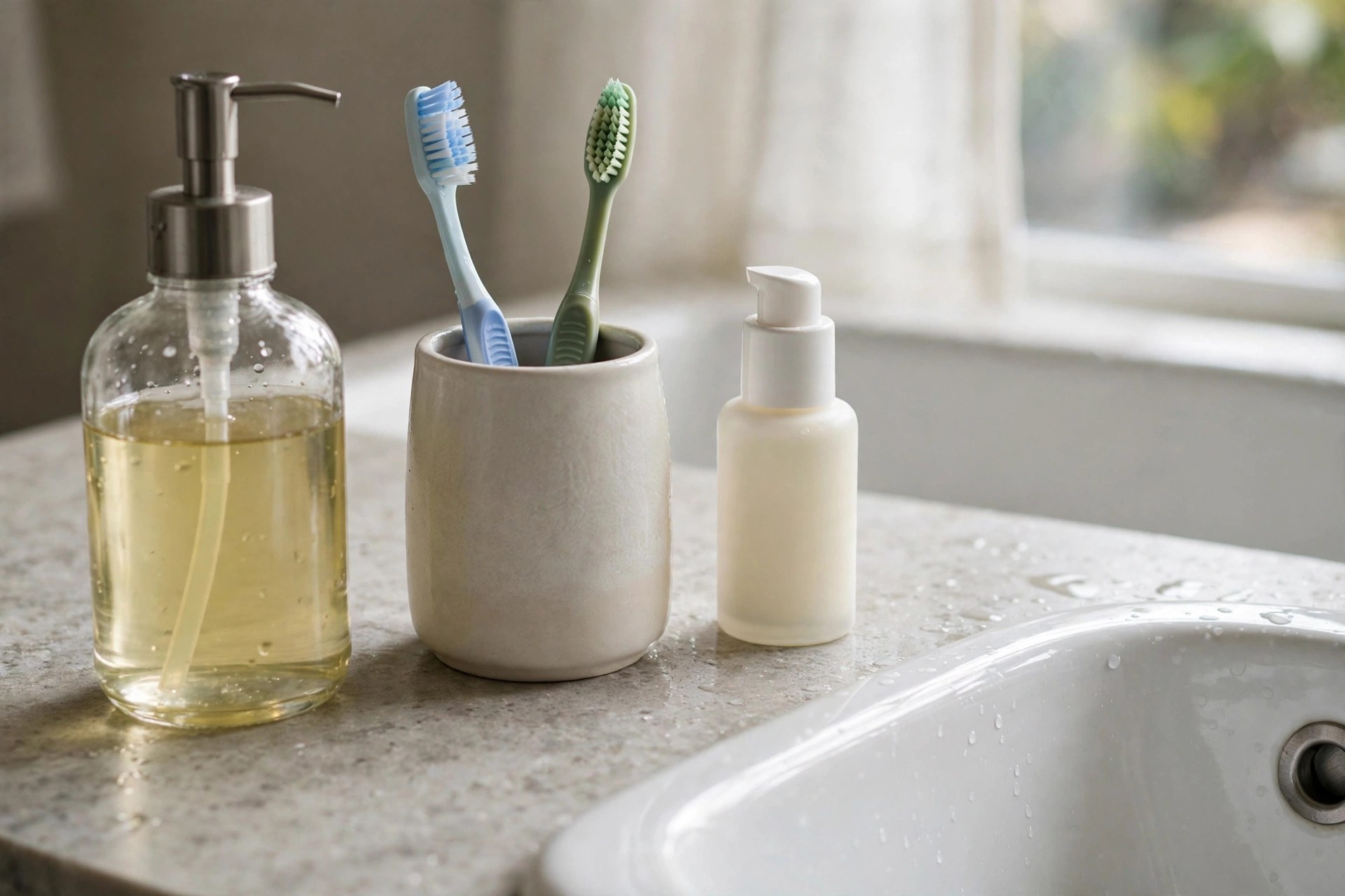 A tidy bathroom counter showing only daily essentials within easy reach: soap dispenser, toothbrush holder, and moisturizer neatly arranged