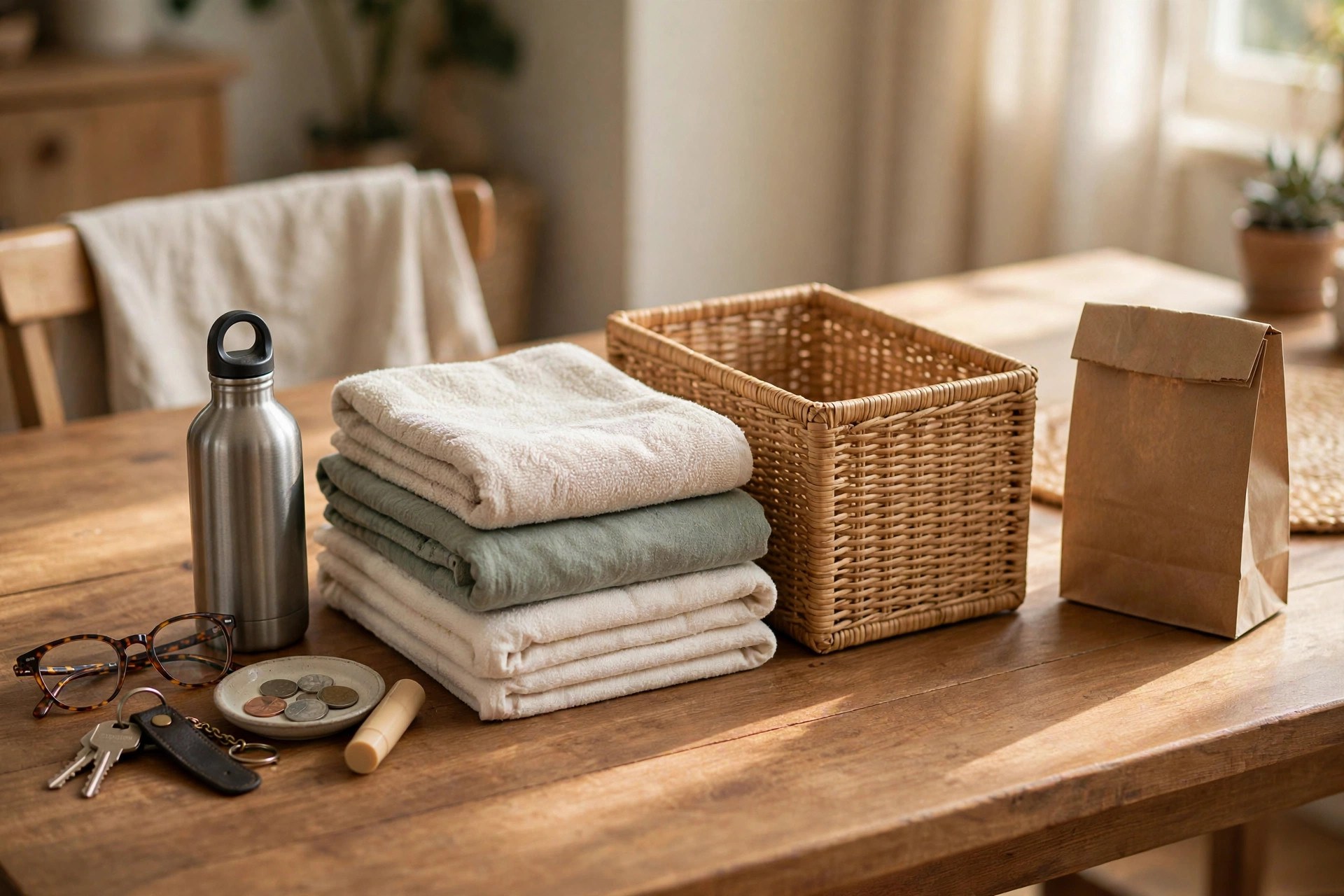 Everyday items sorted into three groups on a table: keep in easy reach, store properly, and let go in a donation bag