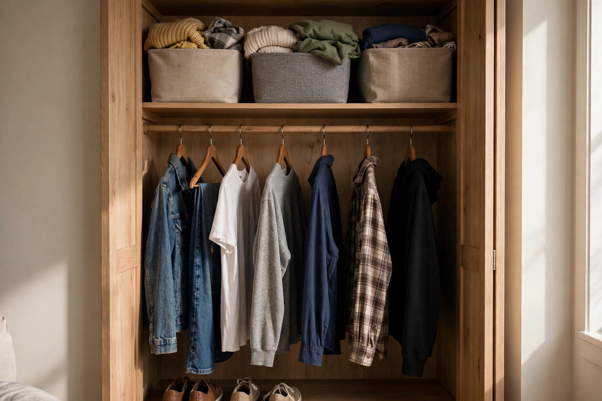 A calm open closet with everyday clothes at eye level and seasonal items stored in labeled bins on the top shelf