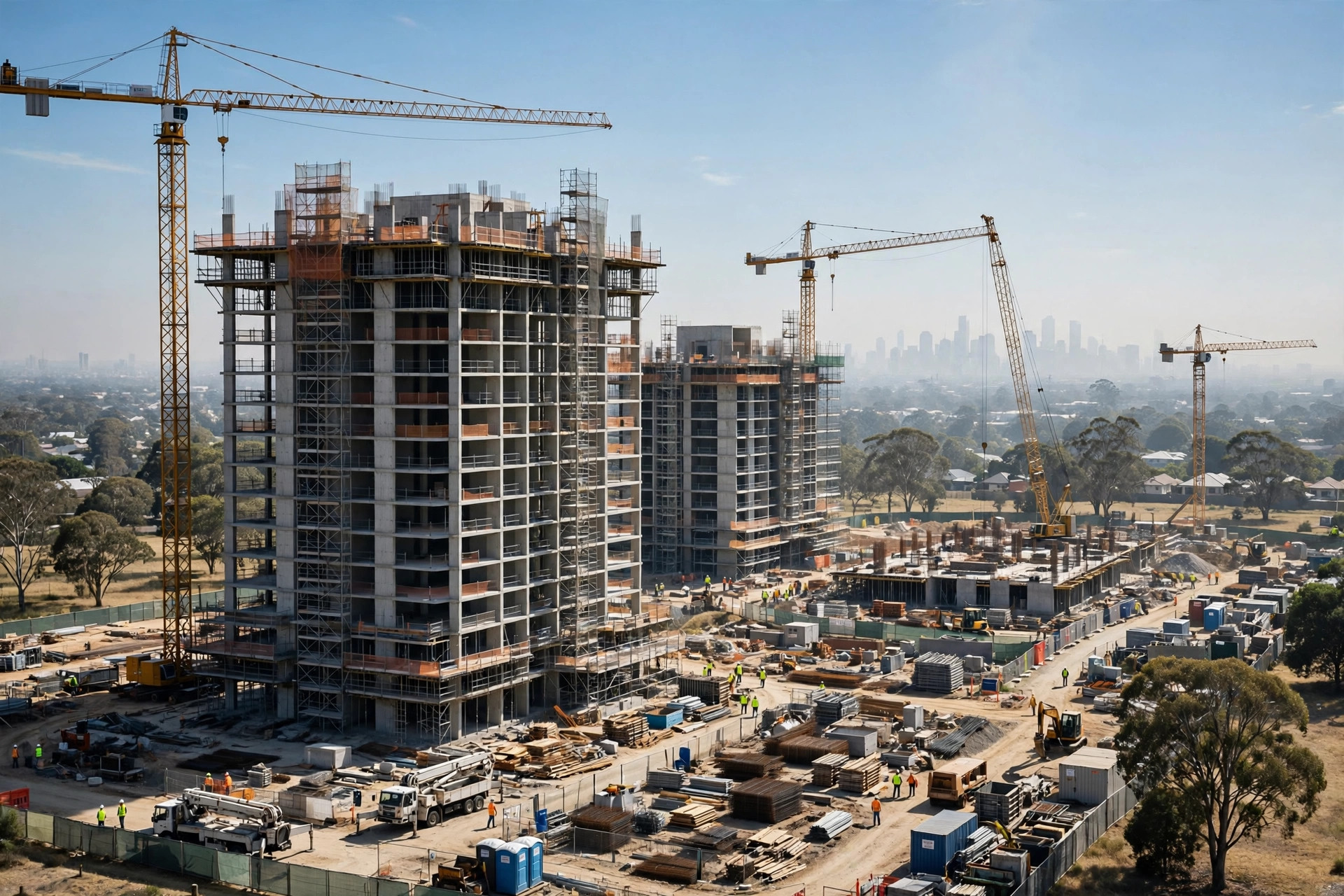 Apartment towers under construction in Australia, where a chronic shortfall of new homes has kept a floor under house prices