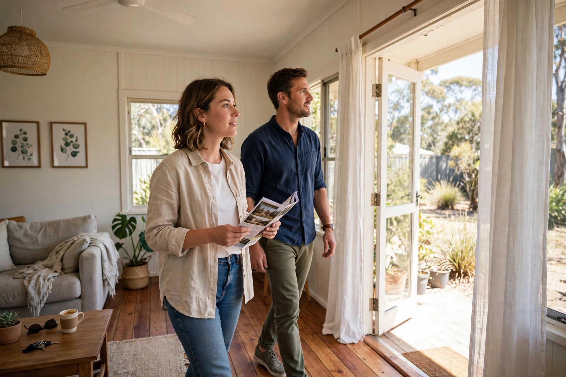 A young couple touring a home at an open inspection, the kind of first home buyers targeted by Australia's expanded deposit schemes