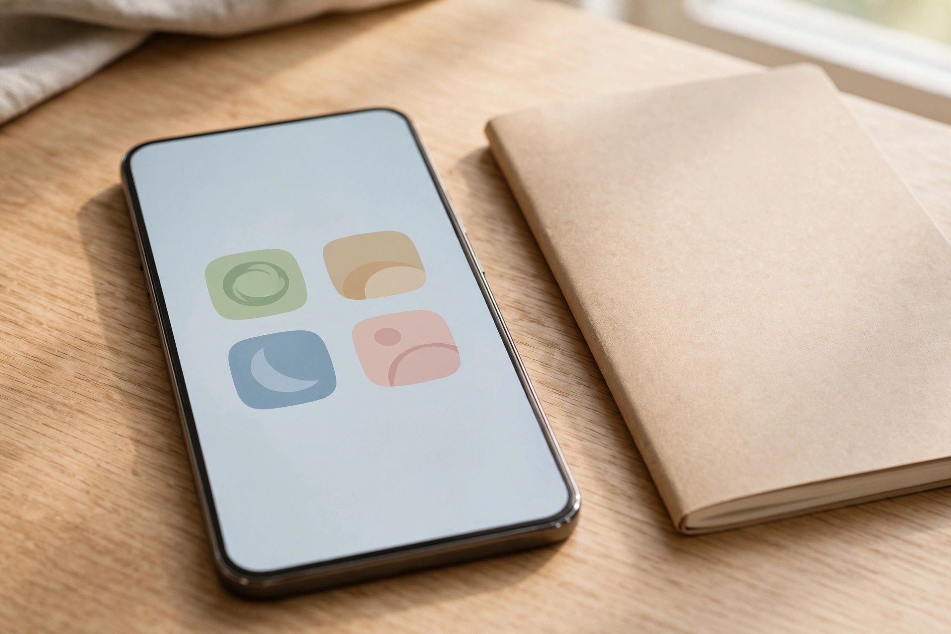 A phone with a minimal home screen beside a notebook