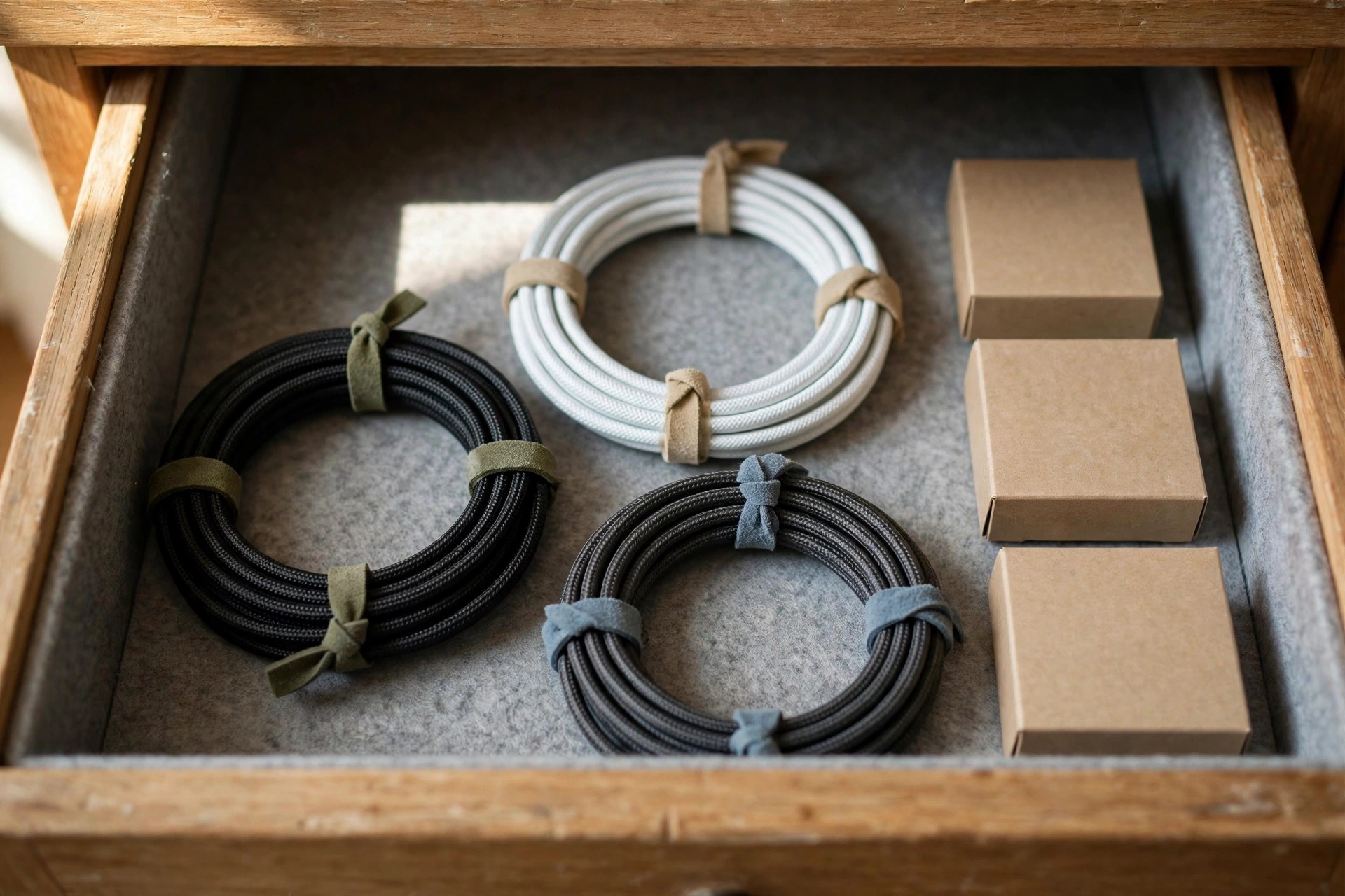 Coiled cables and small boxes neatly organized in a drawer