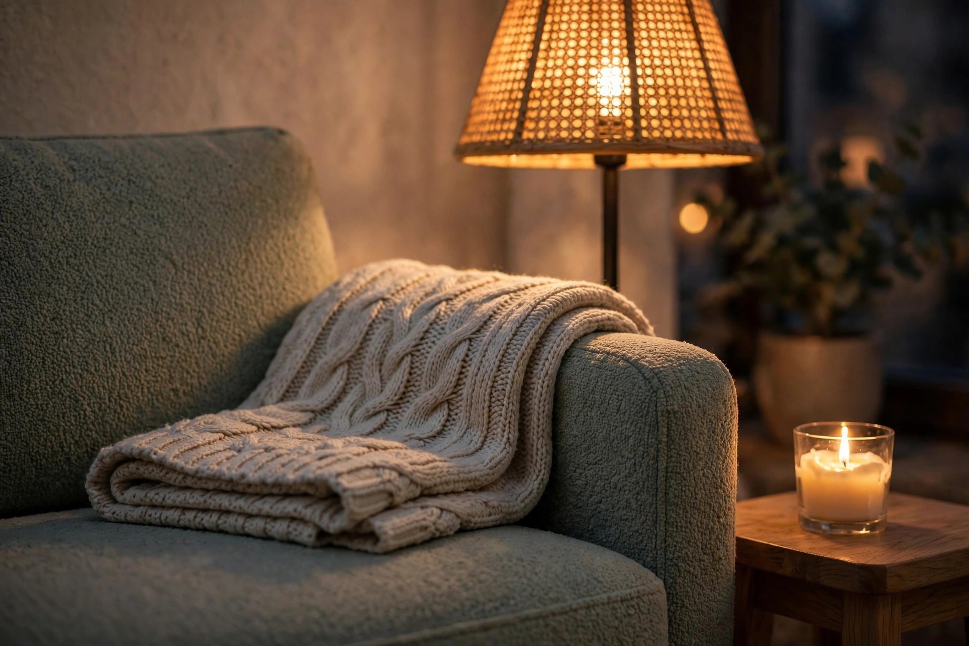 An armchair with a warm lamp styled as a calm rest corner