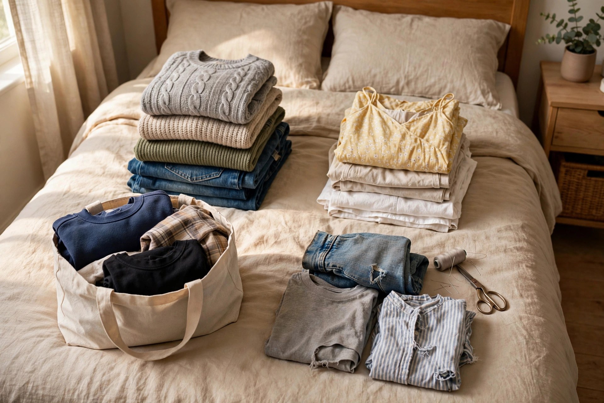 Clothes sorted into four piles on a bed during a fall closet changeover: fall keepers, summer storage, donations, and repairs