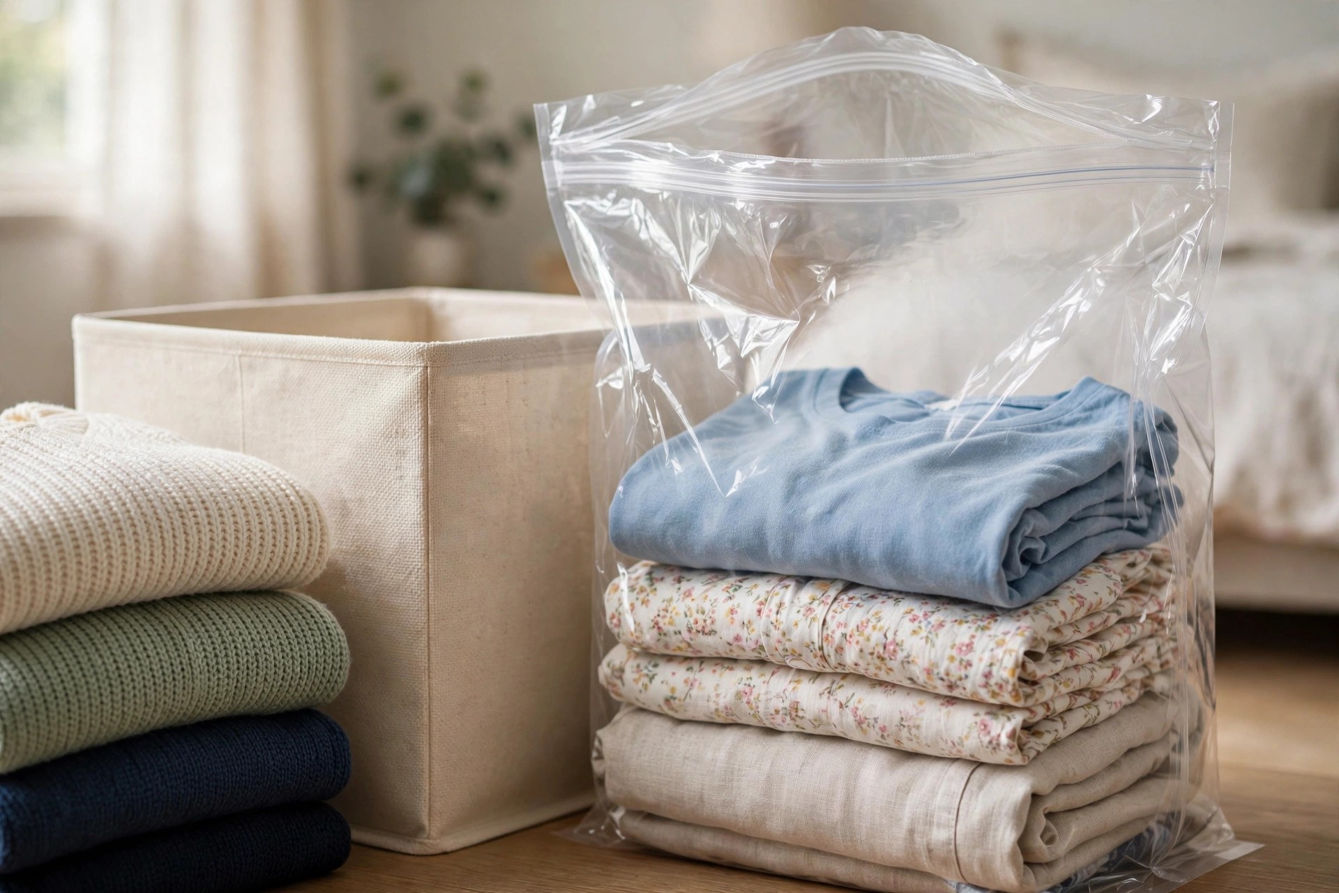 Folded sweaters and summer clothes being packed into a vacuum storage bag and a labeled bin for off-season storage