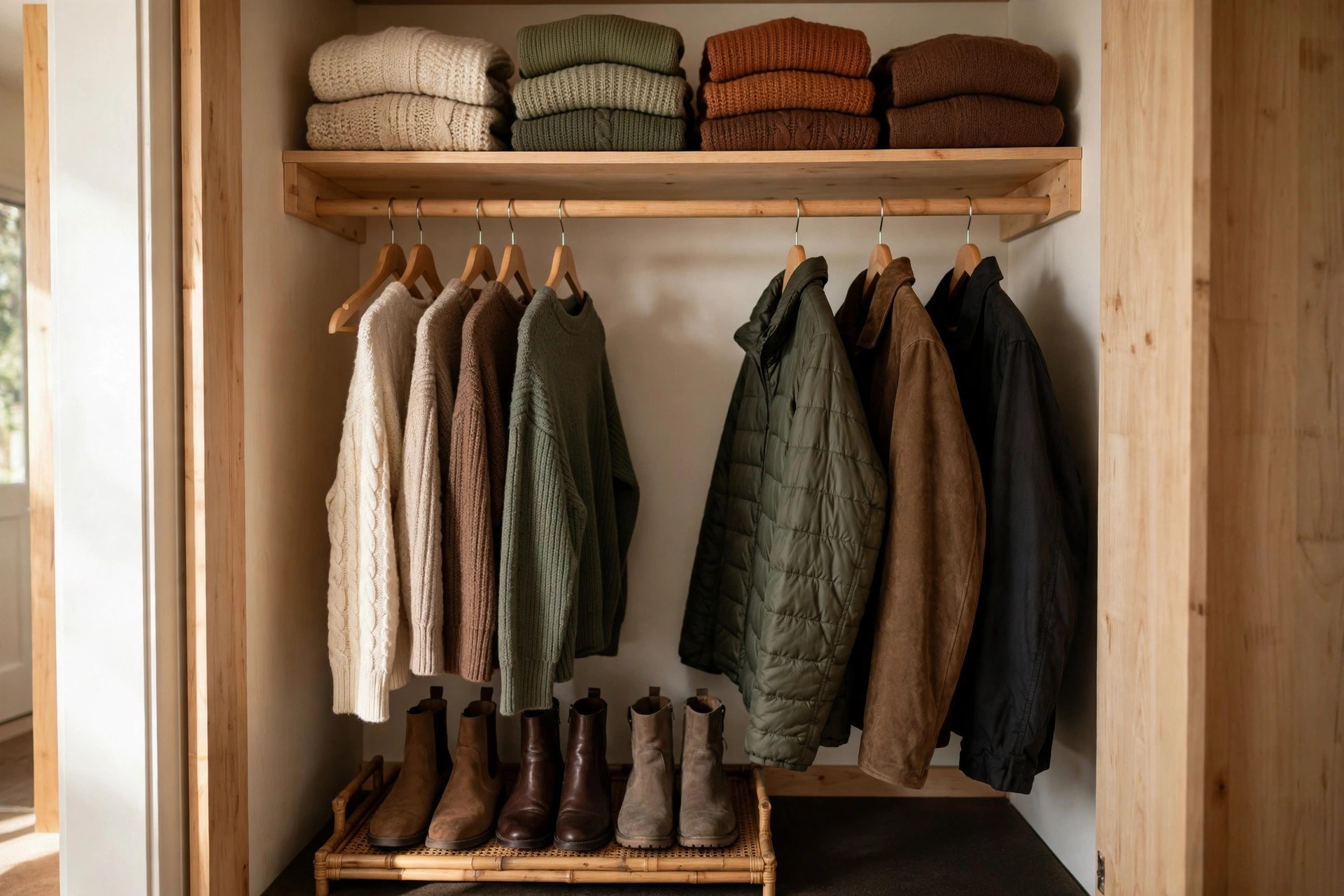 A reset closet organized for fall: sweaters and jackets grouped by category on hangers, boots on a tray below