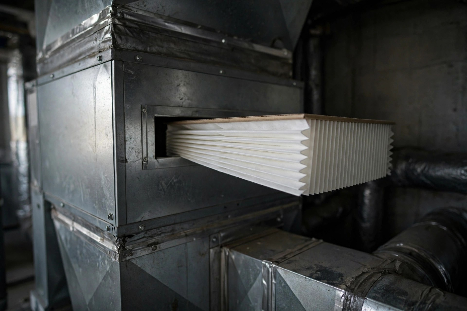 A close-up of a furnace air filter partially slid out of its slot, showing a clean filter ready for the heating season