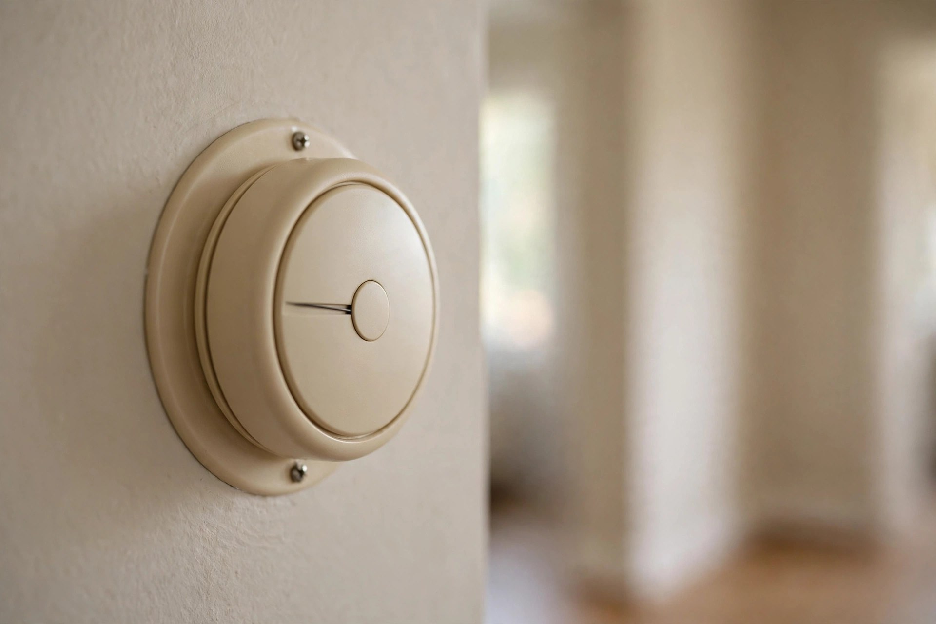 A simple round thermostat dial mounted on a hallway wall, recently calibrated during a furnace tune-up visit