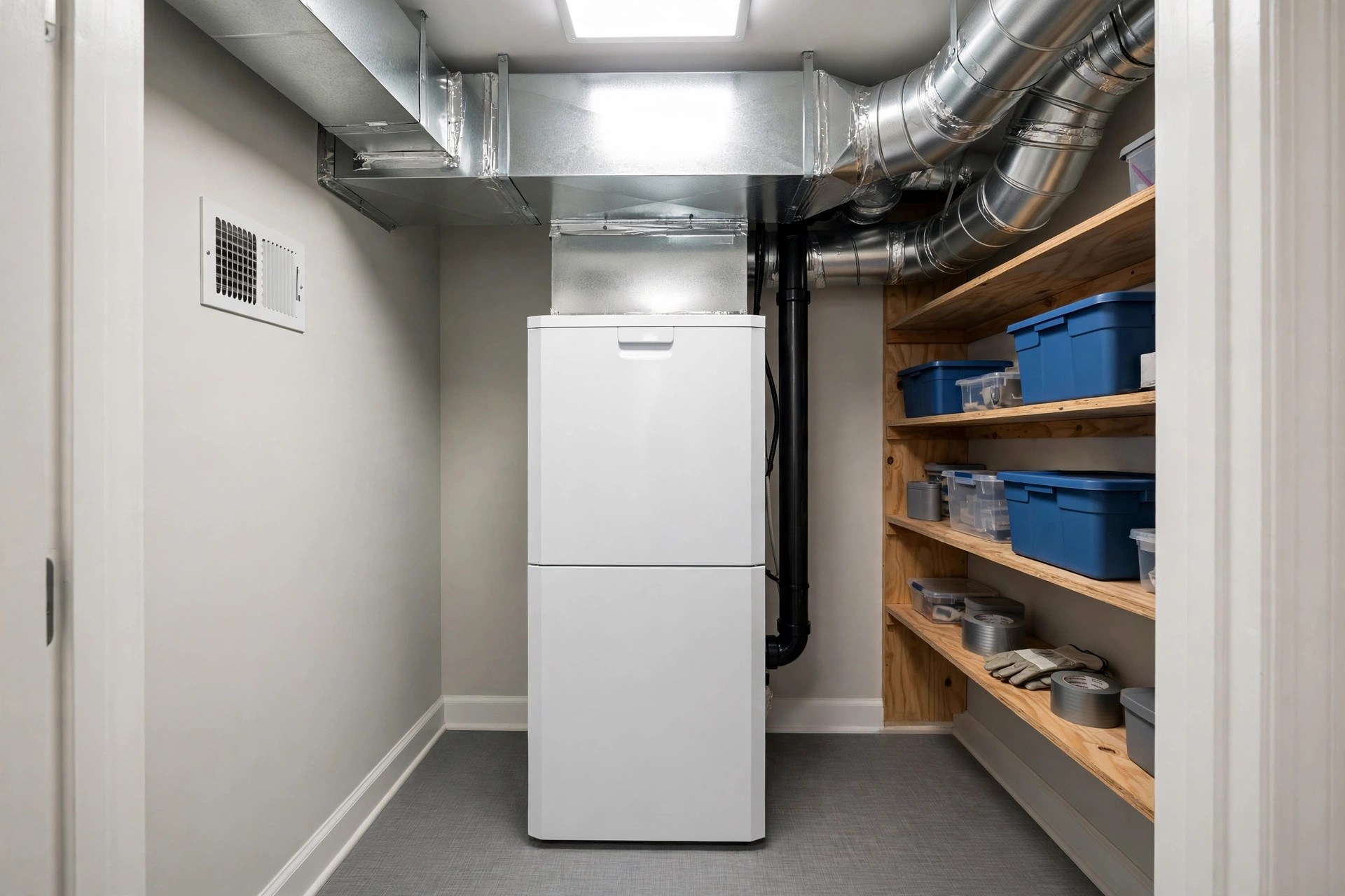 A clean modern furnace in a tidy utility closet with visible ductwork, serviced and ready for the heating season