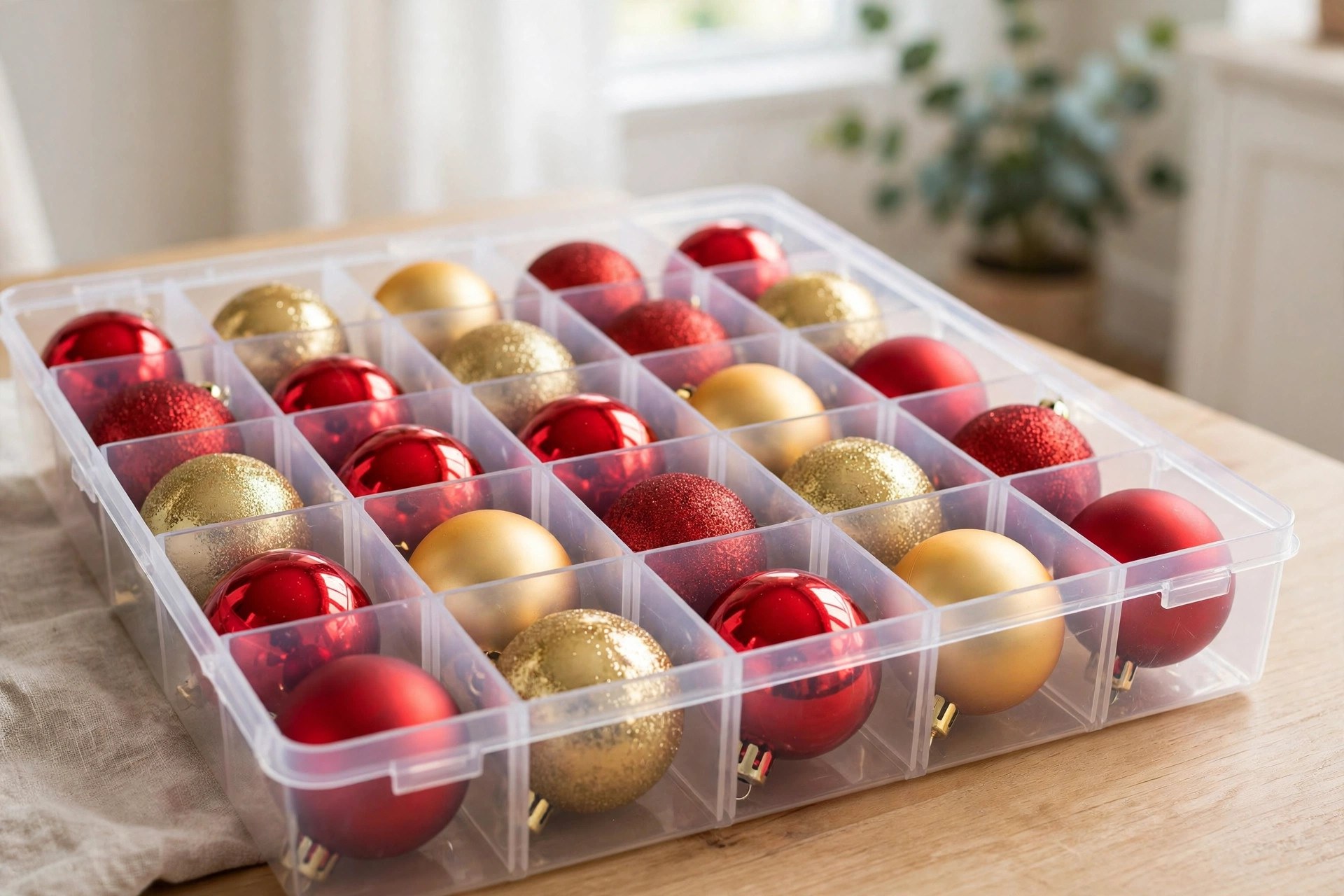 A clear divided organizer box with Christmas ornaments stored in individual compartments