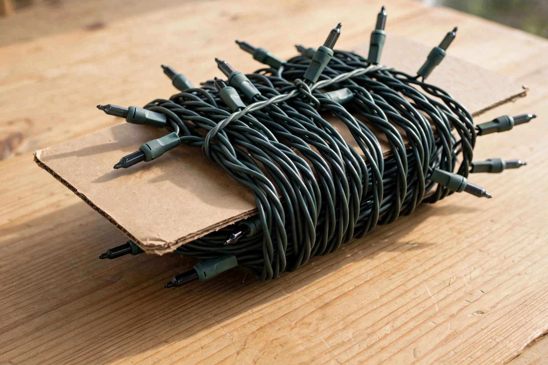 Christmas string lights neatly wound around a cardboard reel and secured with a tie