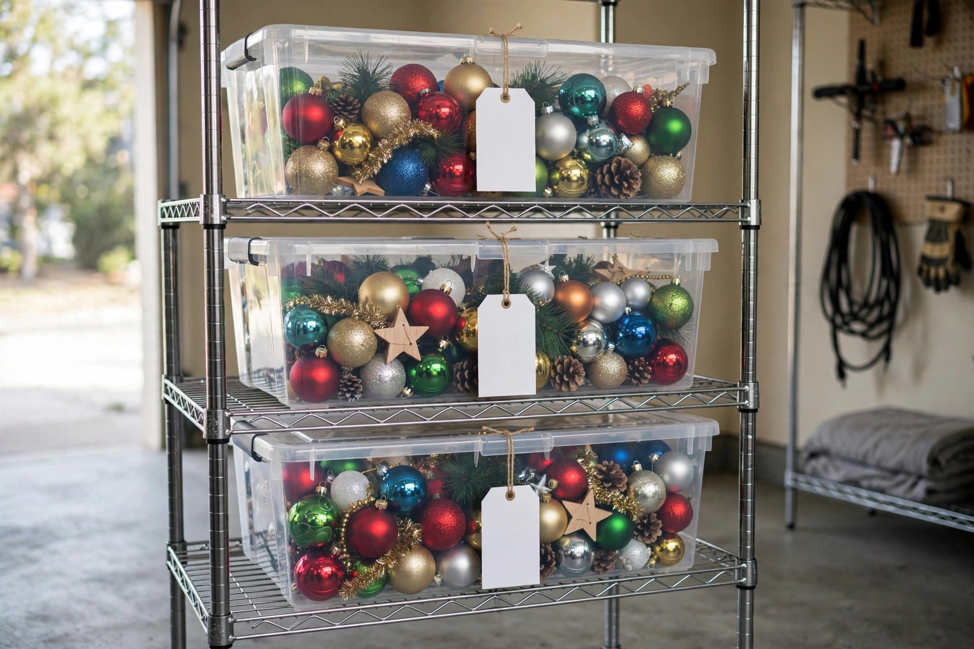 Labeled clear storage bins stacked on garage shelves with large readable labels