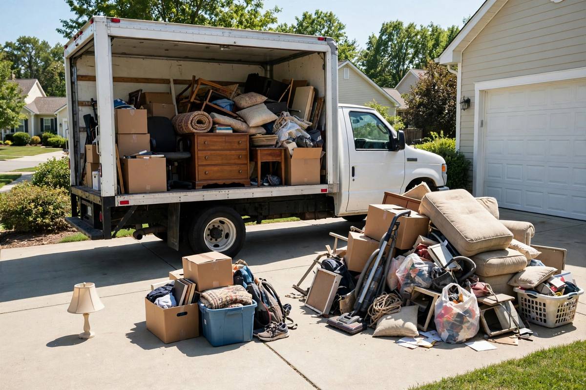 A junk removal truck beside staged piles showing the volume ladder from a minimum pickup to a full load
