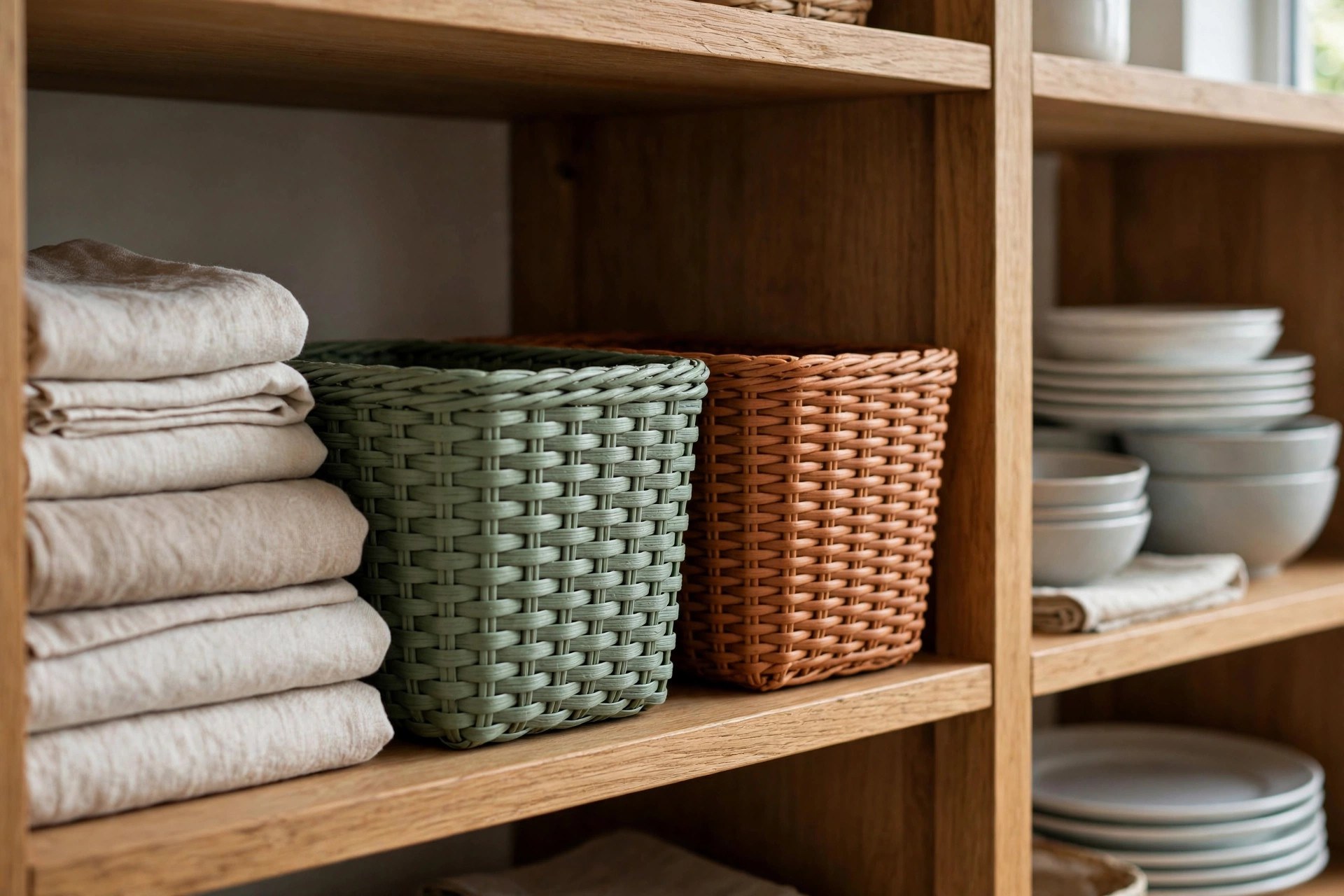 Open shelving divided into color-coded zones with baskets