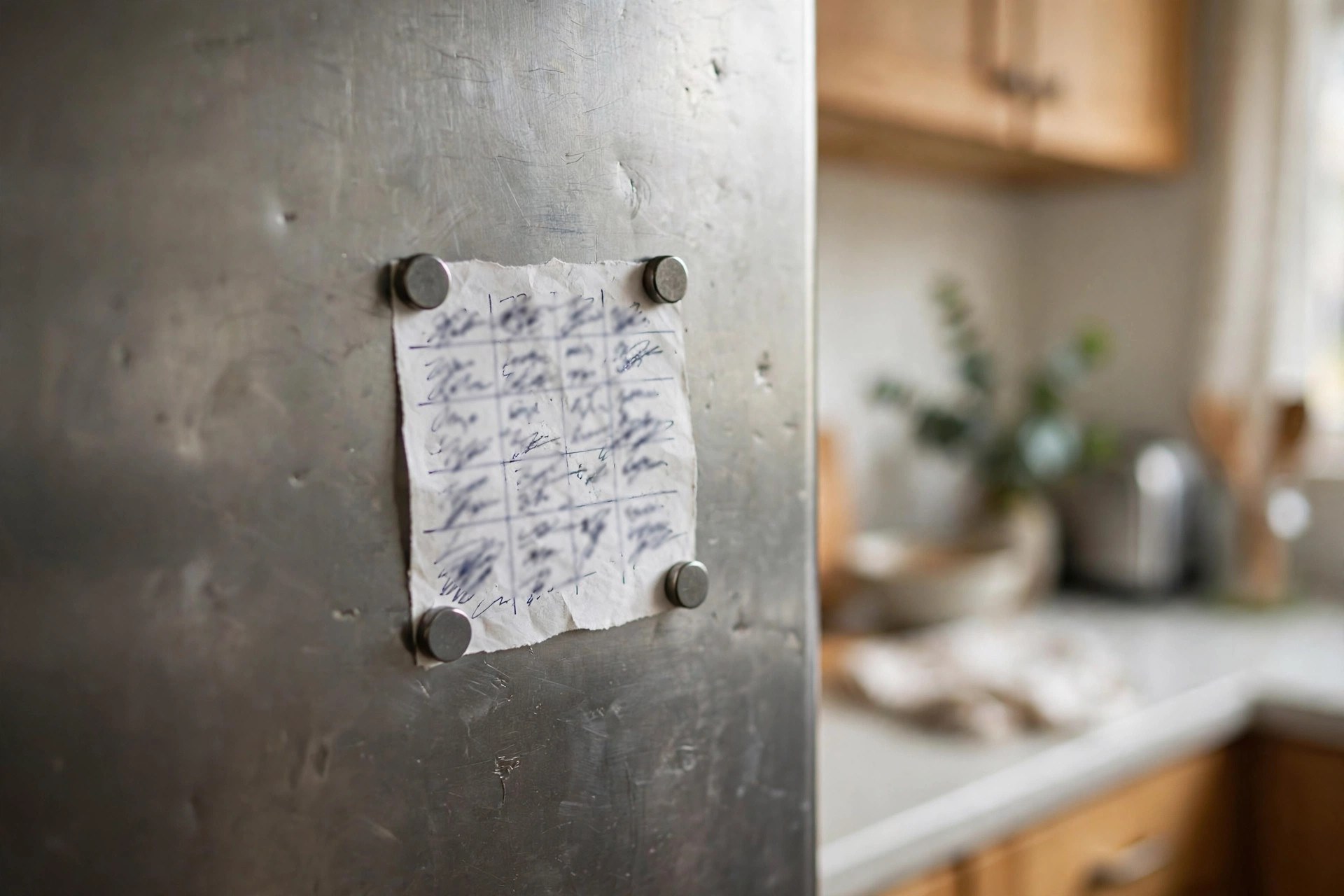 A chore rotation chart pinned to a refrigerator