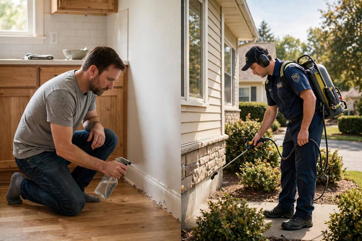 DIY spraying along baseboards versus a professional technician treating a home exterior