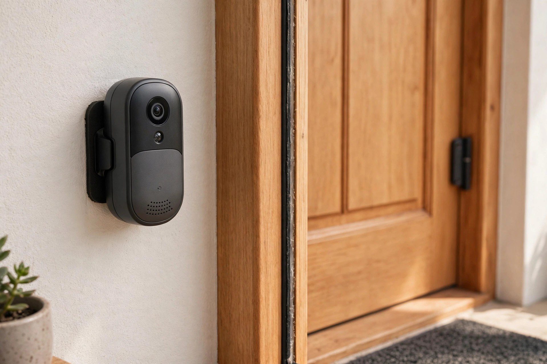An adhesive-mounted video doorbell beside an apartment door frame, a no-drill renter-friendly setup