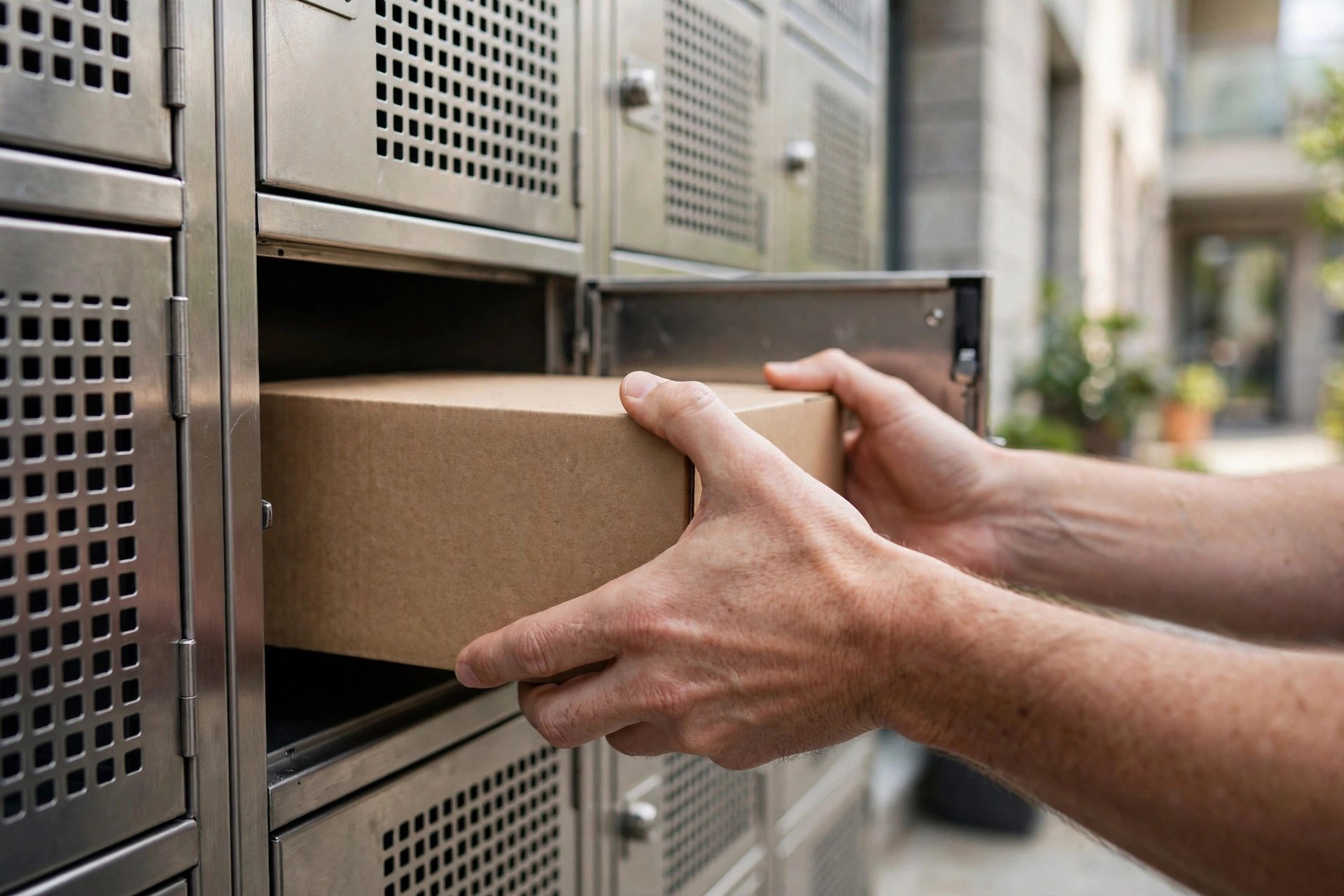 A person placing a delivery parcel into a metal parcel locker bank at an apartment building