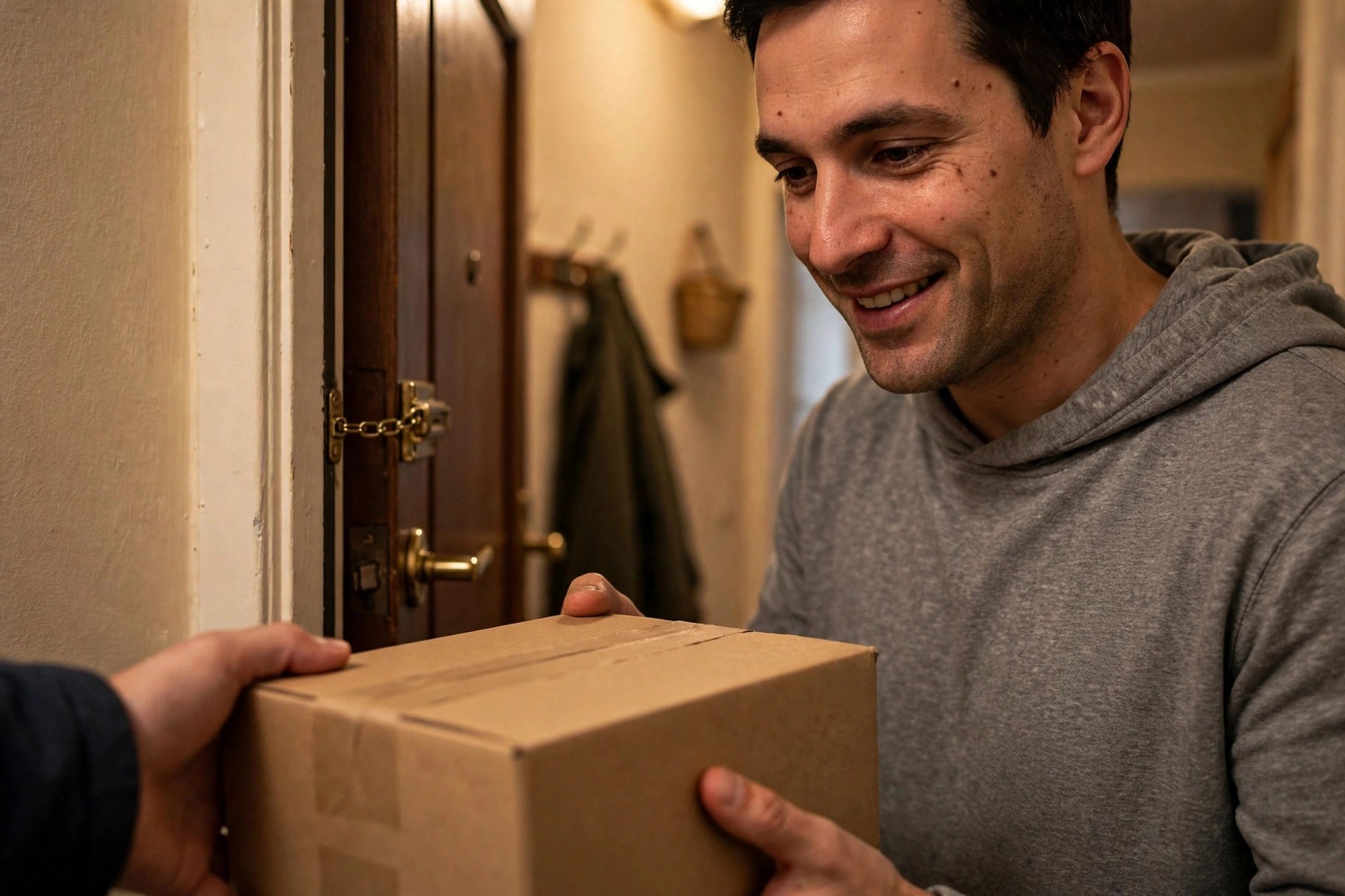 A neighbor smiling as they accept a delivery parcel at an apartment door, showing the package buddy system
