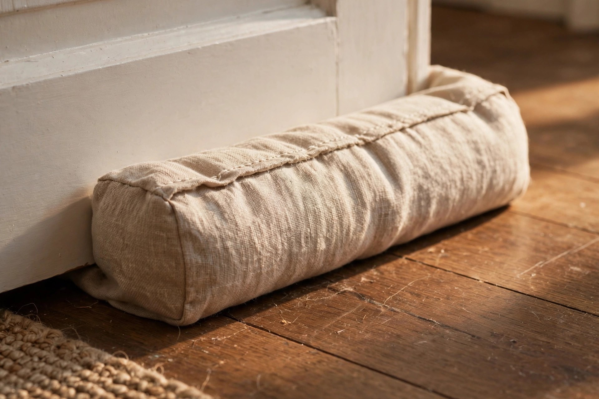 A fabric draft stopper pressed against the base of an interior door on a wood floor