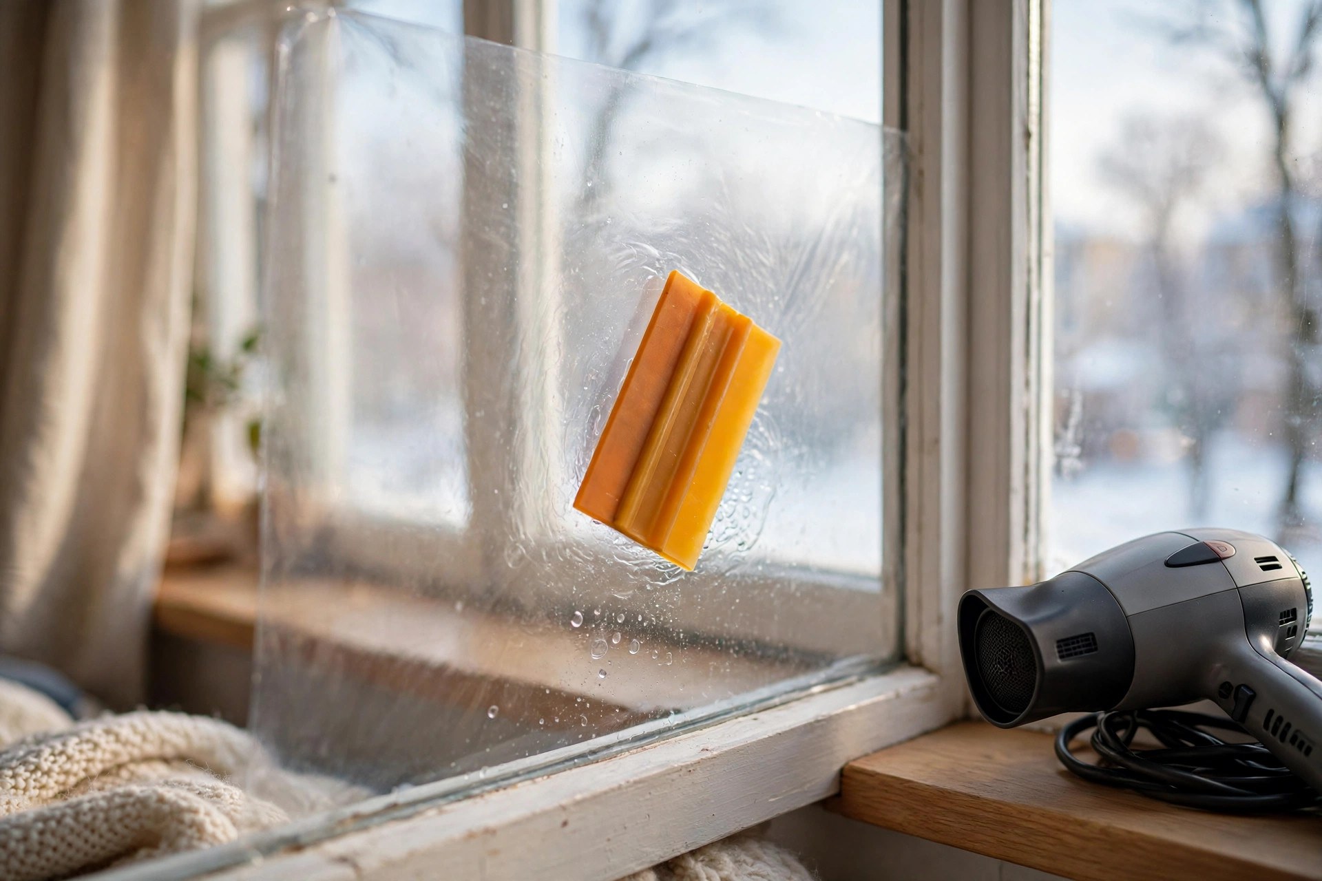 Clear window insulation film being smoothed onto a window pane with a squeegee and hair dryer nearby