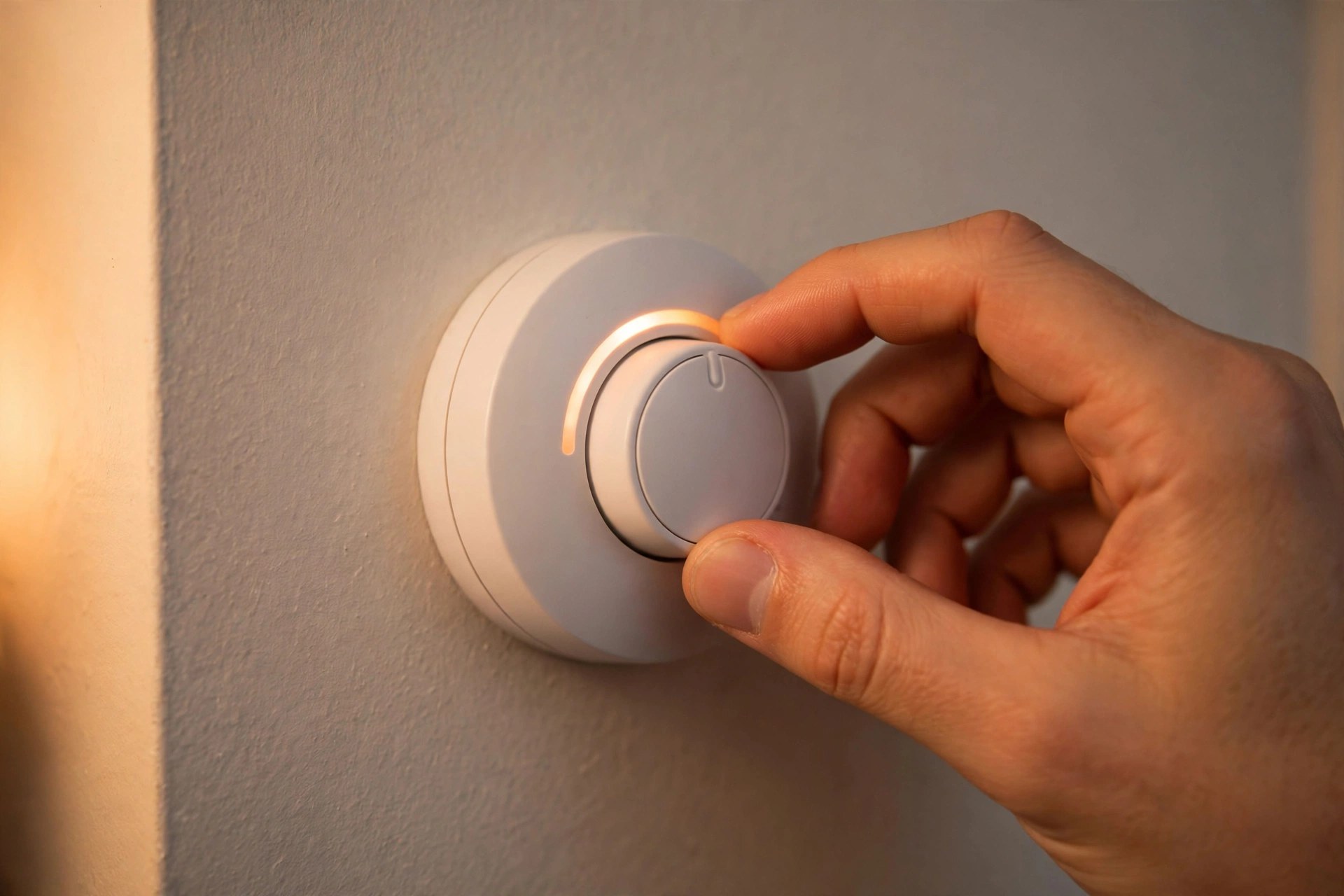 A hand adjusting a simple round thermostat dial on an apartment wall