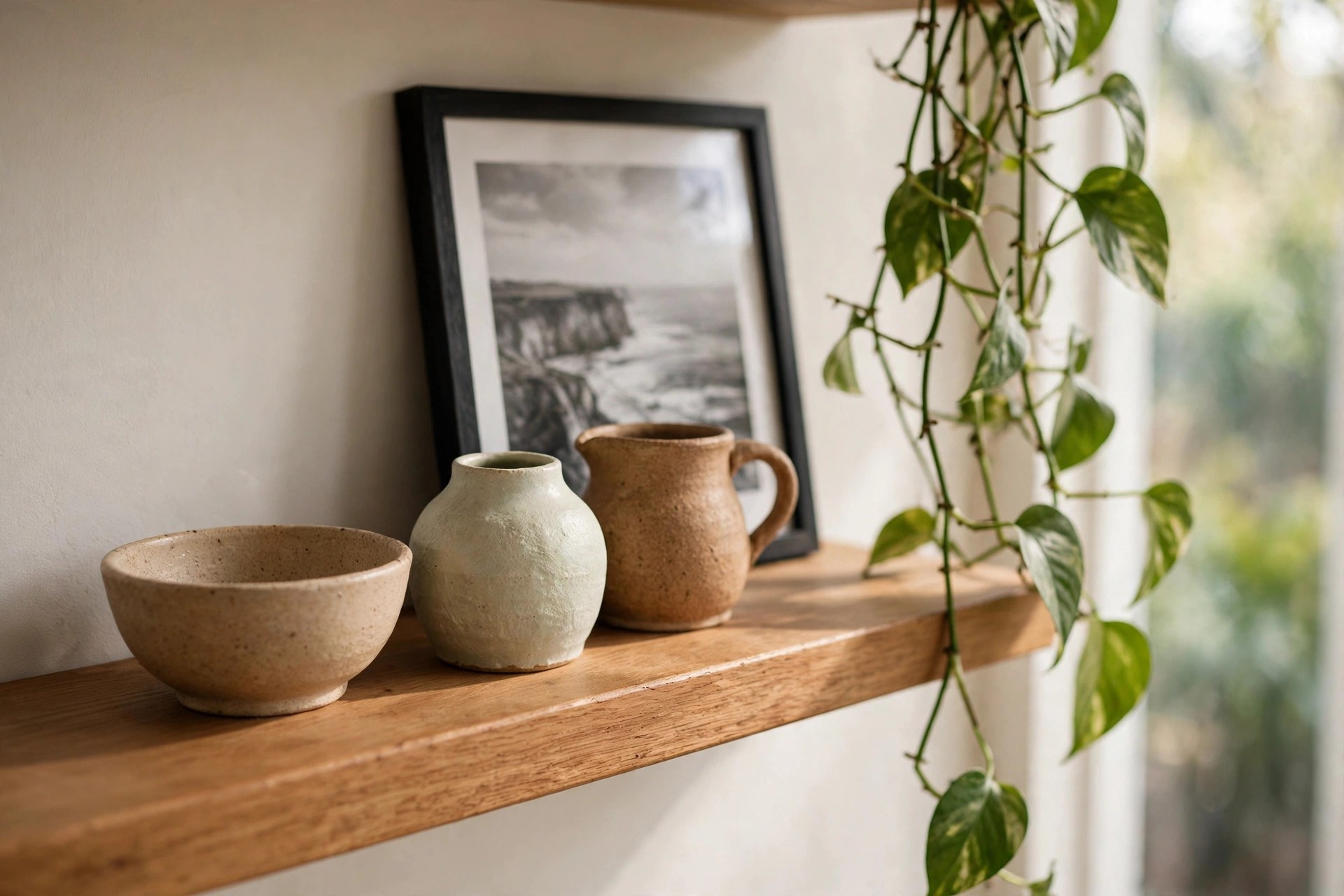 A curated wooden shelf styled with handmade ceramics, a framed black and white photograph, and a trailing pothos plant
